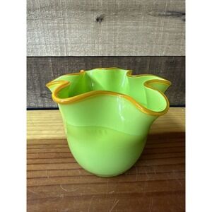 Green Handkerchief Art Glass Vase With Orange Trim 3.5”